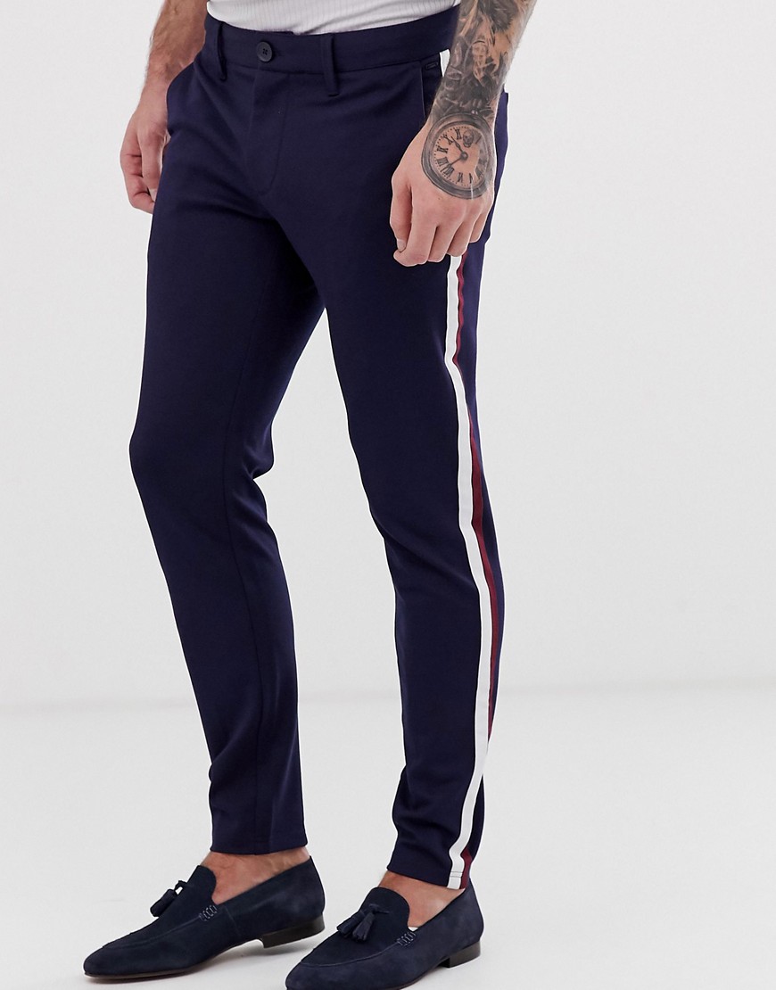 Only & Sons slim tapered fit side stripe trousers in navy