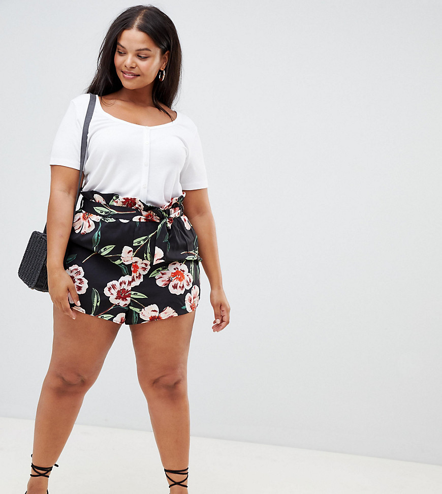 Influence Plus Floral Shorts With Tie Waist - Black floral