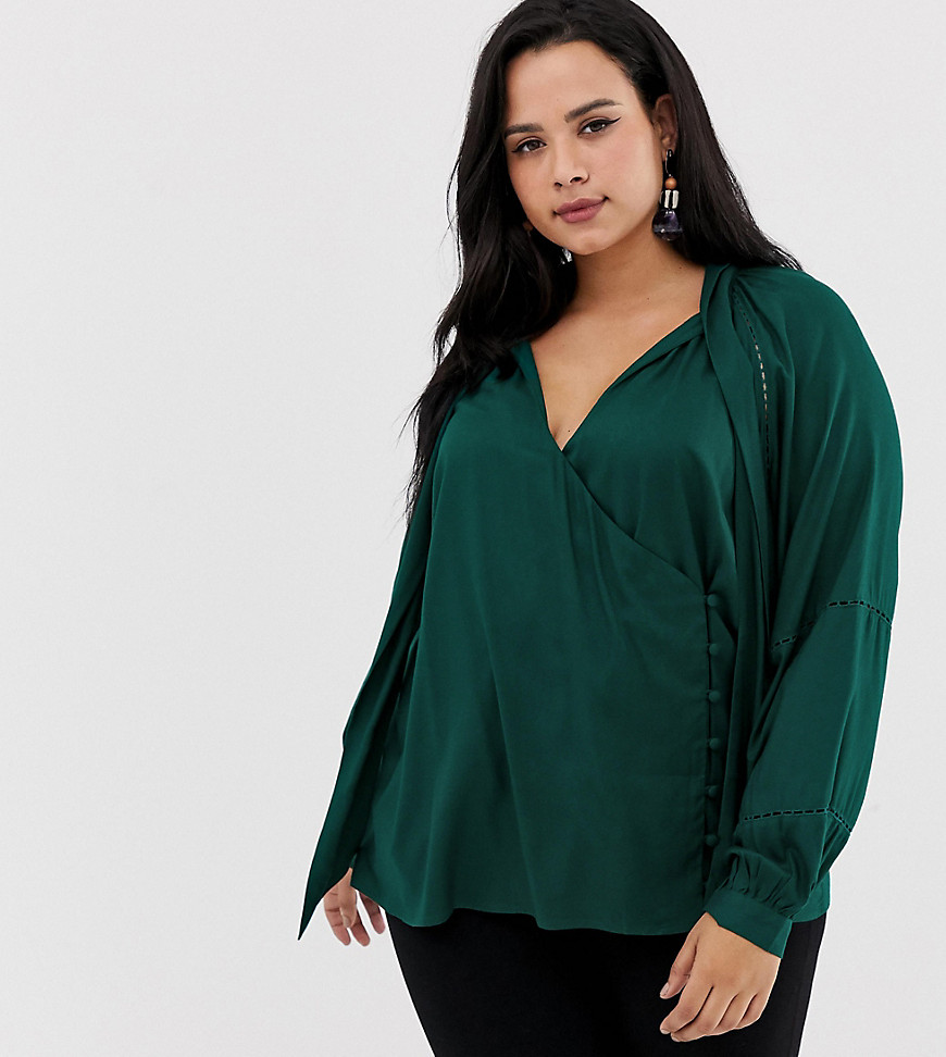 ASOS DESIGN Curve wrap long sleeve top with button detail and tie neck