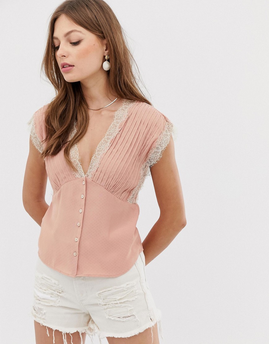 Mango v neck top with lace detail in pink