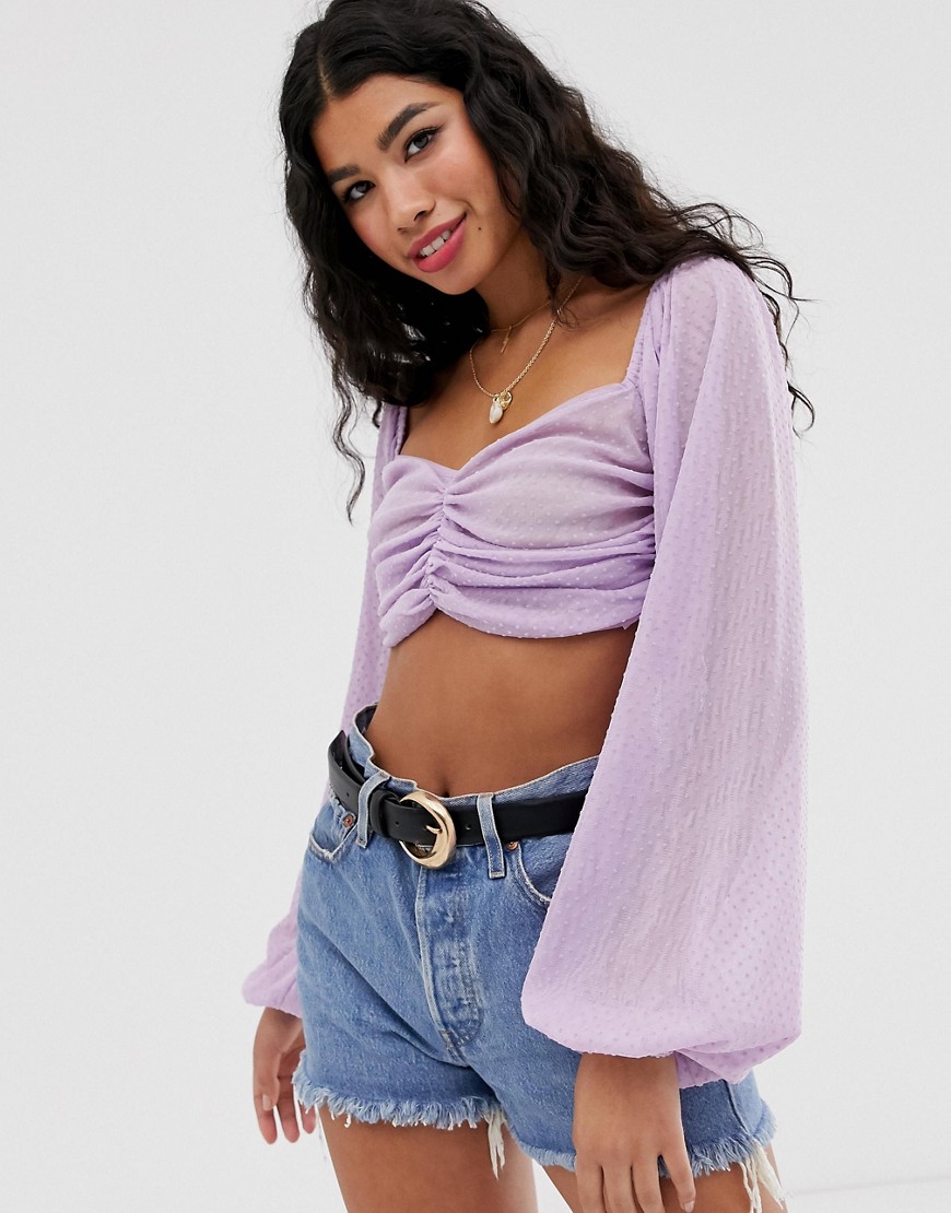 Asos Design Ruched Front Crop Top In Dobby Mesh With Blouson Sleeve-purple