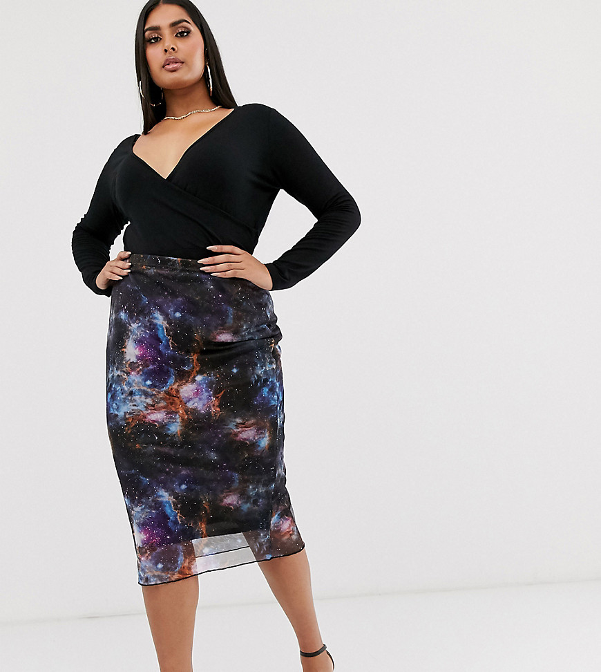 Rokoko Plus mesh midi skirt with split in galaxy print