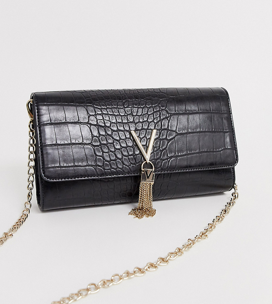 Valentino by Mario Valentino Audrey black croc effect foldover cross body bag with chain
