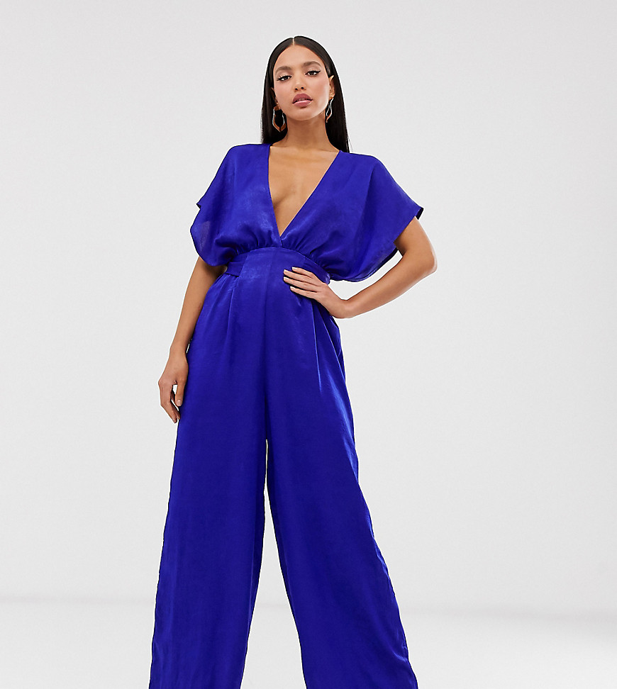 Flounce London Tall satin jumpsut with plunge front in cobalt
