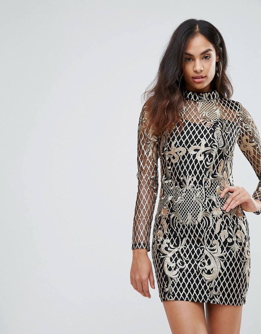 Club L High Neck Sequin Embroidery Dress - Gold