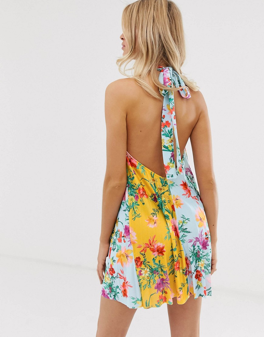 Asos Design Floral Backless Halter Pleated Mini Dress-multi