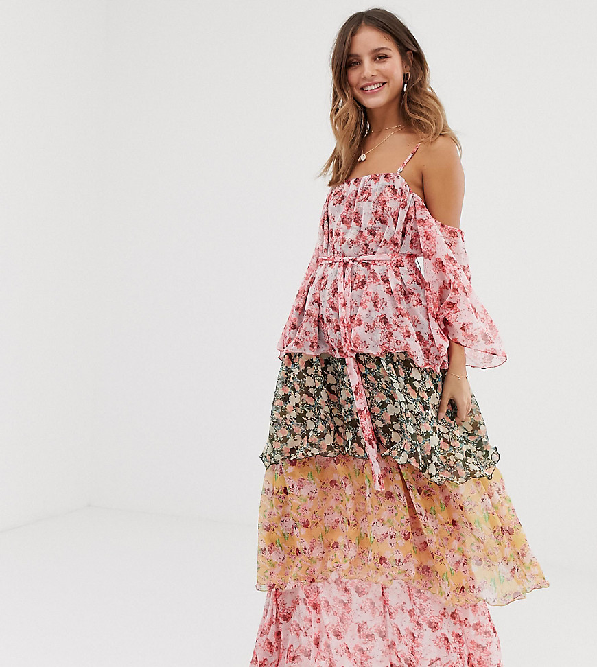 White Sand contrast off shoulder tiered maxi dress in floral print