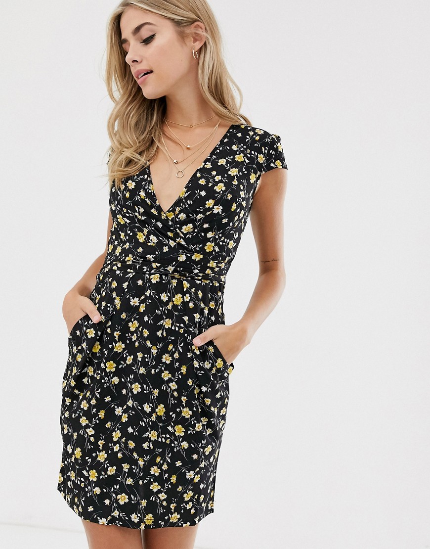 QED London wrap front tulip dress in black floral