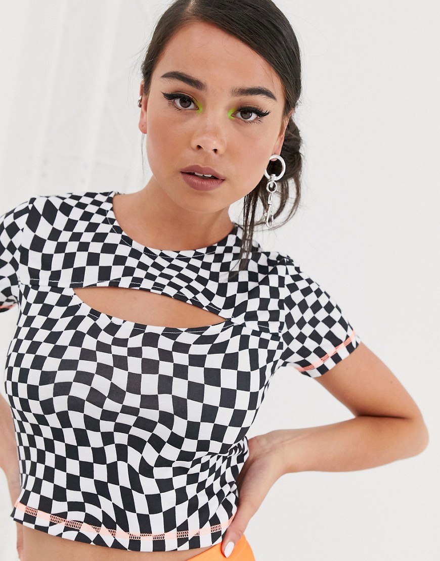 ASOS DESIGN fitted top in checkboard with cutout and contrast stitch