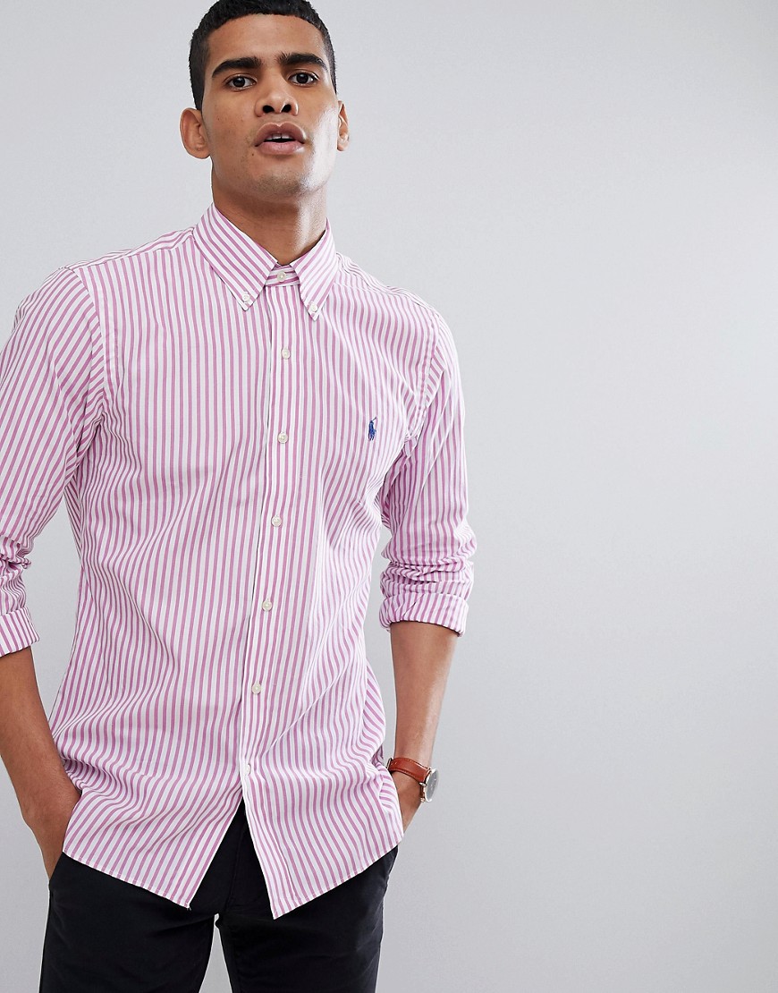 Polo Ralph Lauren Stripe Slim Fit Poplin Shirt Polo Player in Pink