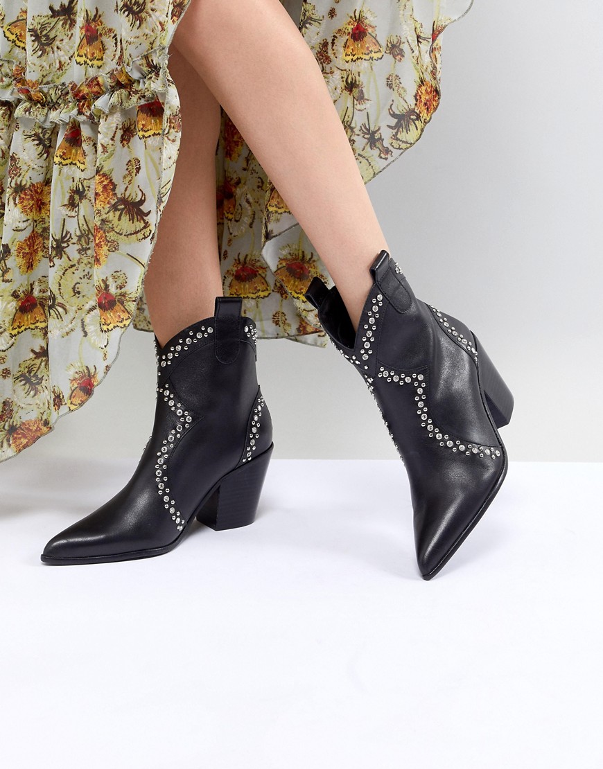 Jeffrey Campbell Leather Black Studded Western Ankle Boots