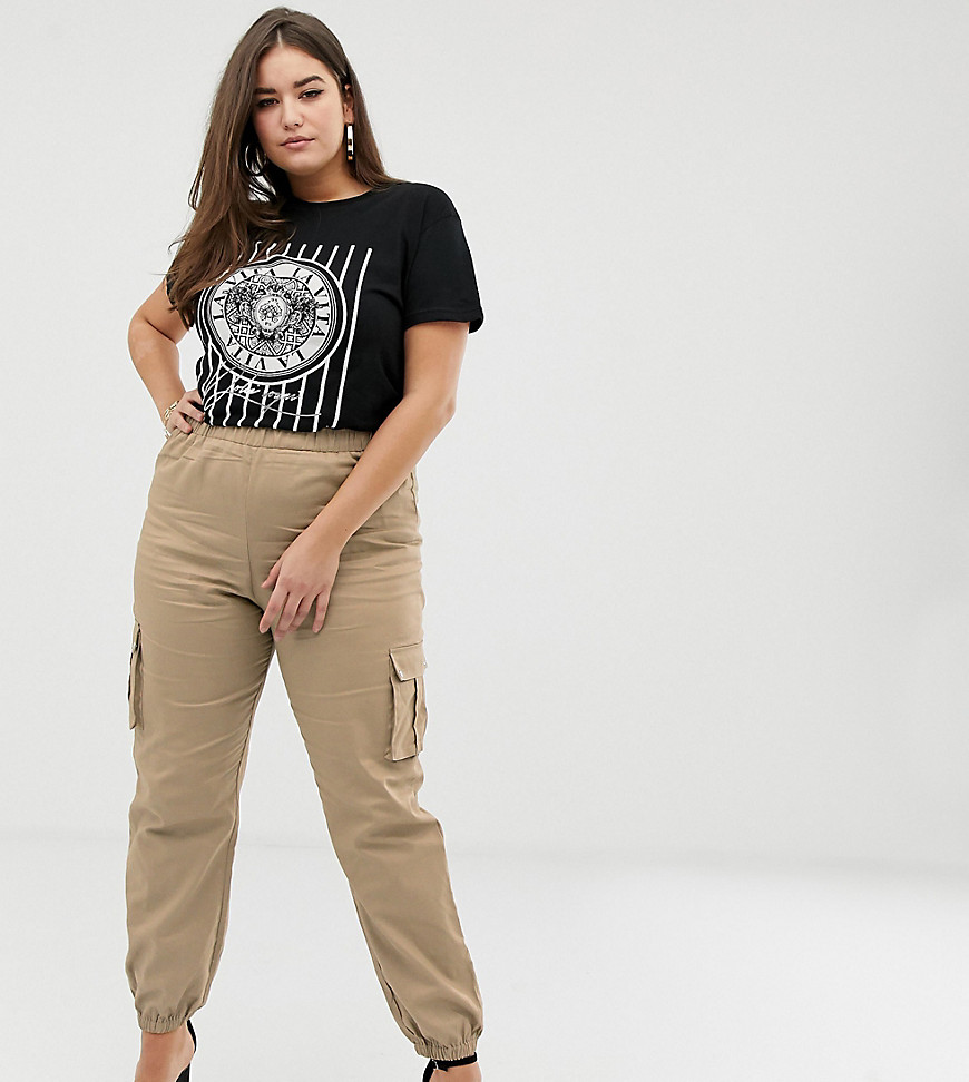 PrettyLittleThing Plus exclusive plus pocket detail cargo trousers in stone