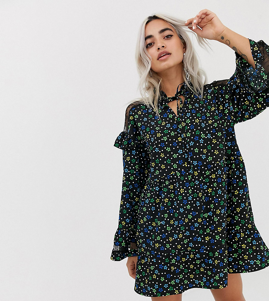 COLLUSION Petite lace insert smock dress in ditsy floral