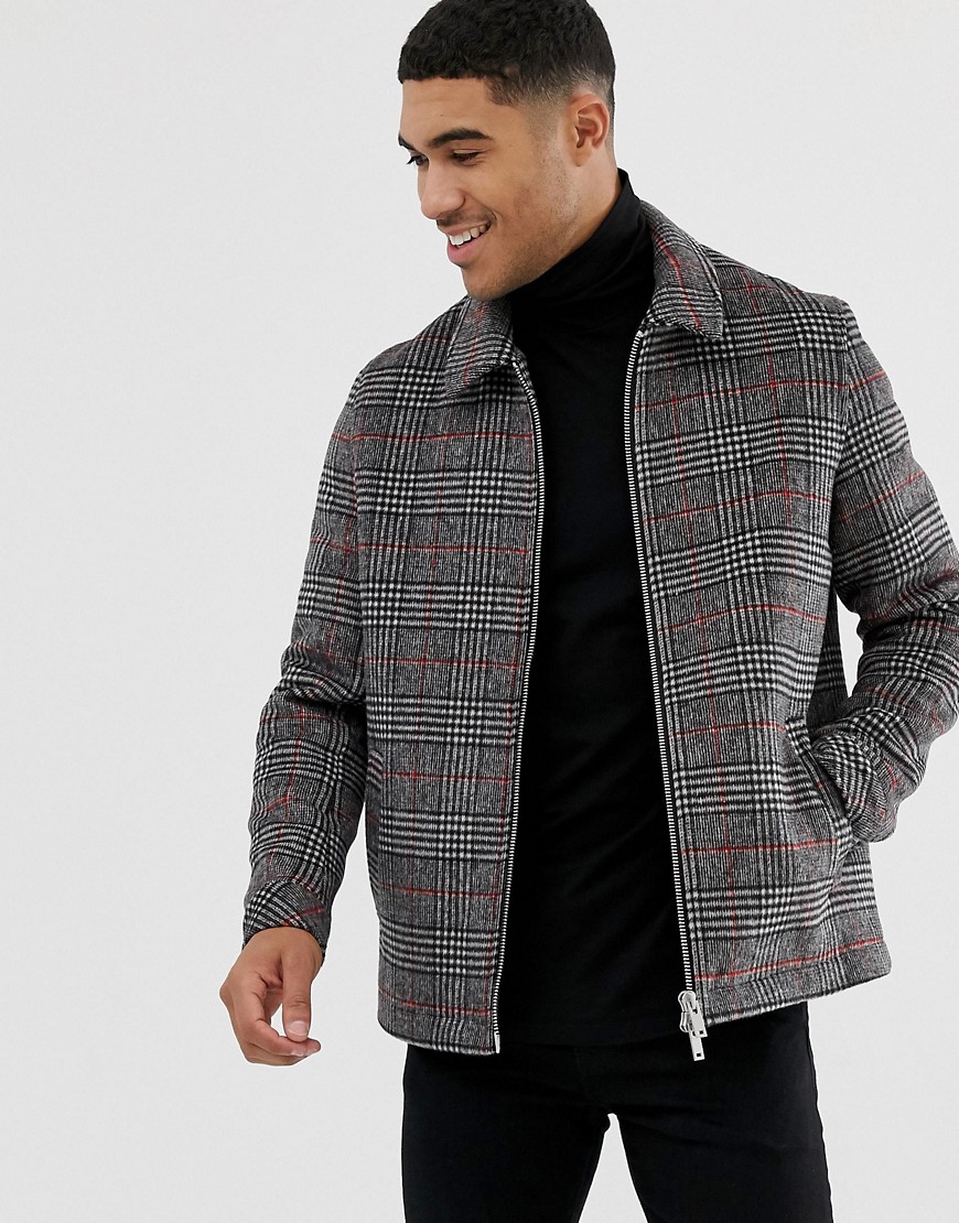 ASOS DESIGN wool mix zip through jacket in grey and orange check