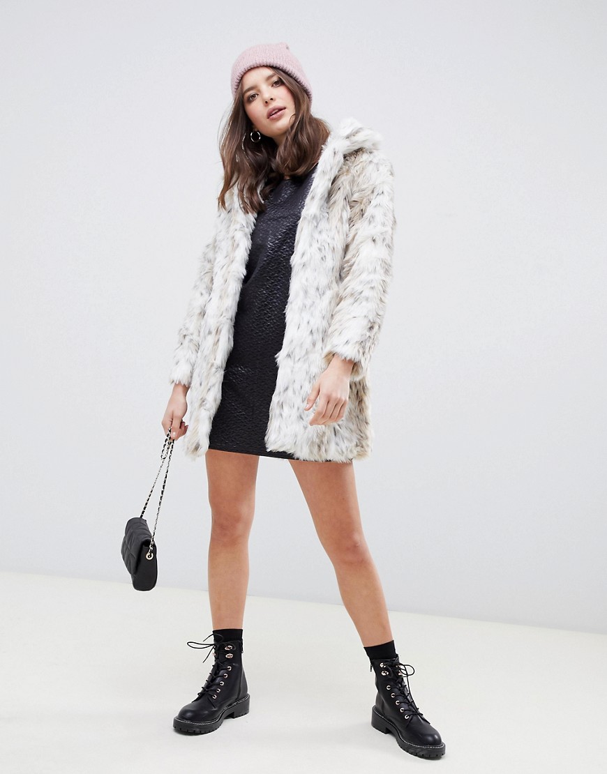 QED London single breasted snow leopard faux fur coat