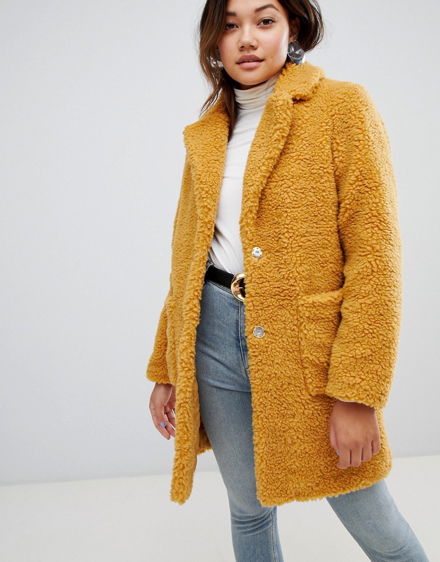 New Look teddy fur coat in mustard