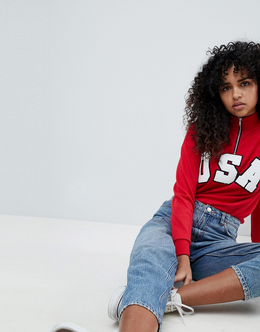 Daisy Street Funnel Neck Sweat With USA Print - Red