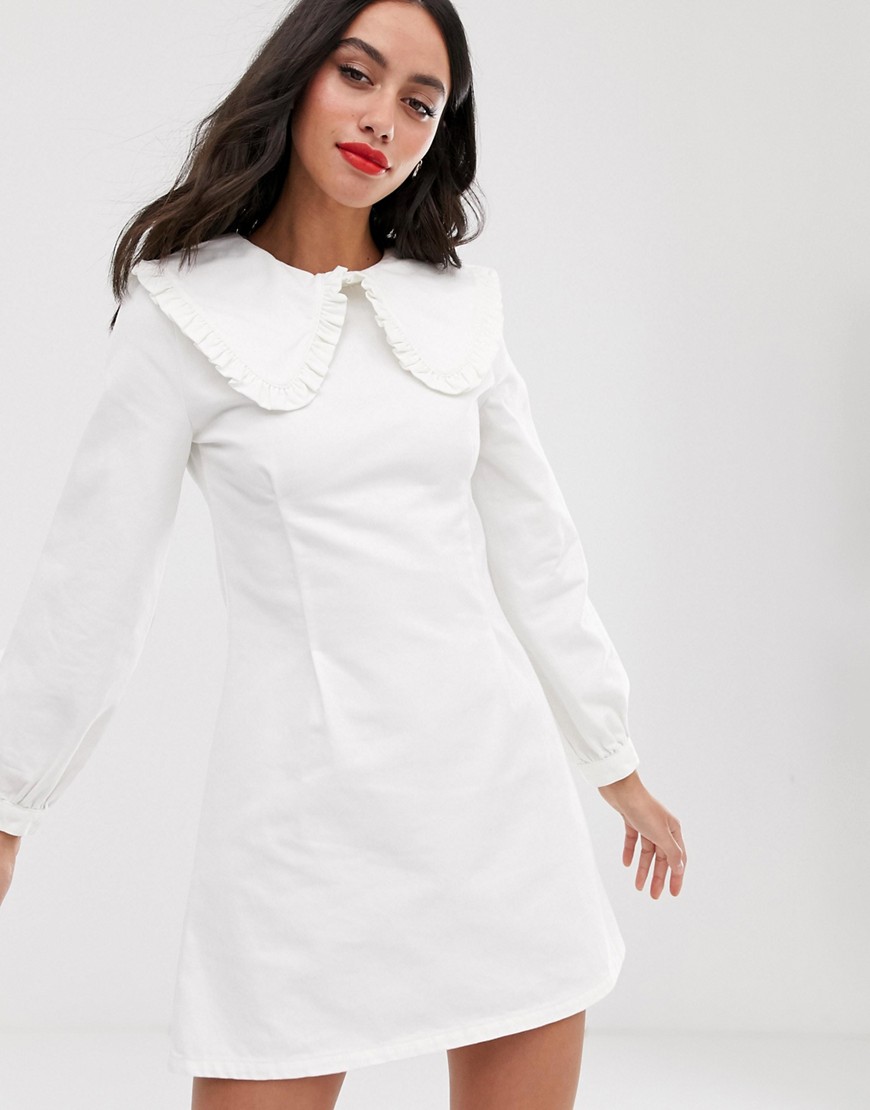 Asos Design Denim Frill Collar Mini Dress In White - White