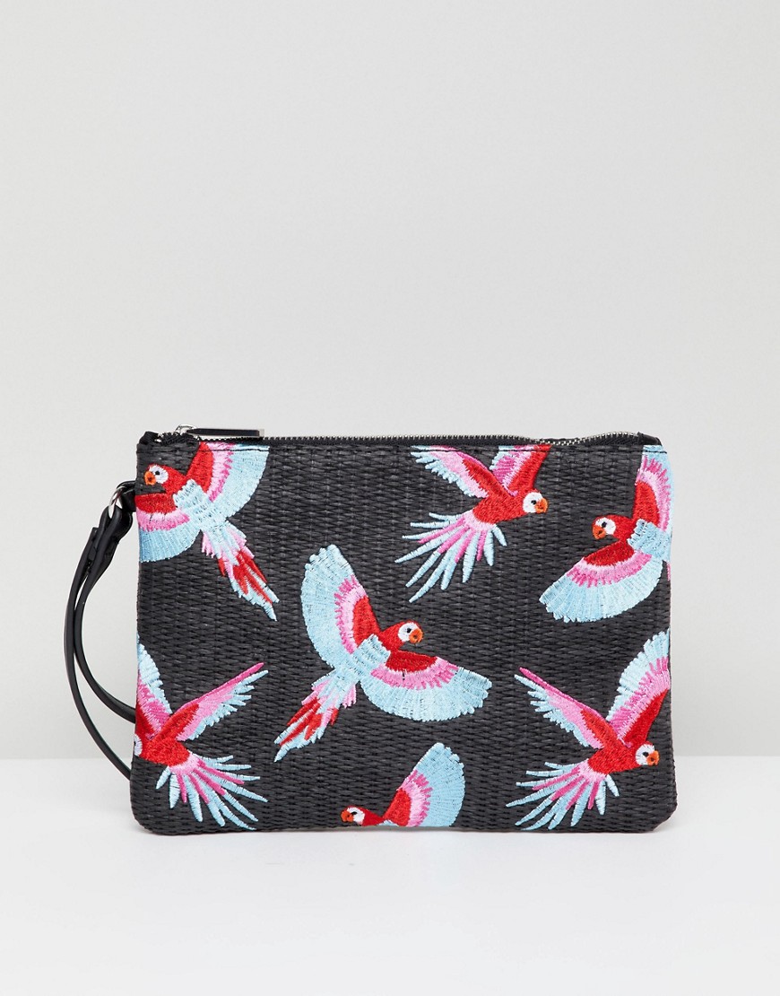Skinnydip Black Parrot Zip Top Straw Clutch Bag - Multi