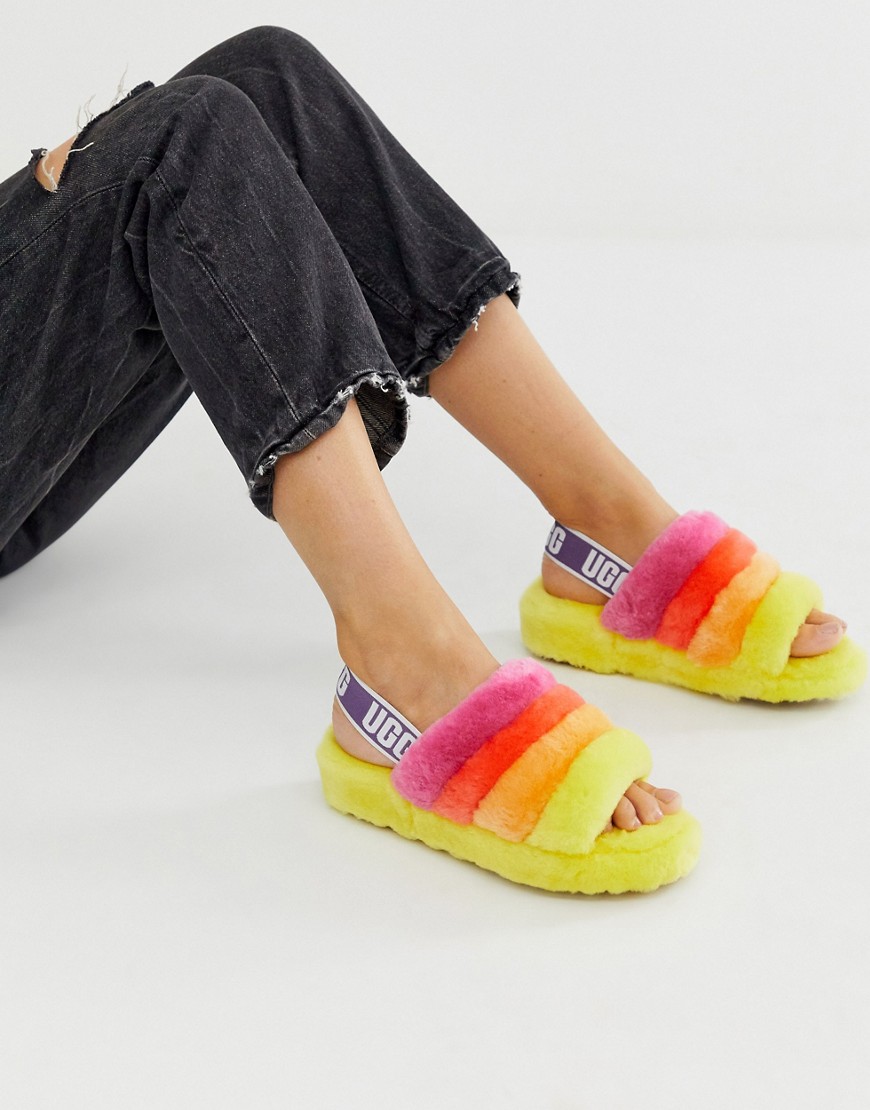 UGG Pride Fluff Yeah flat sandals in yellow rainbow