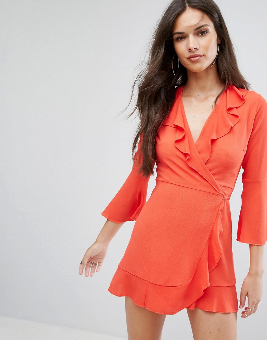 Outrageous Fortune Ruffle Wrap Dress With Fluted Sleeve