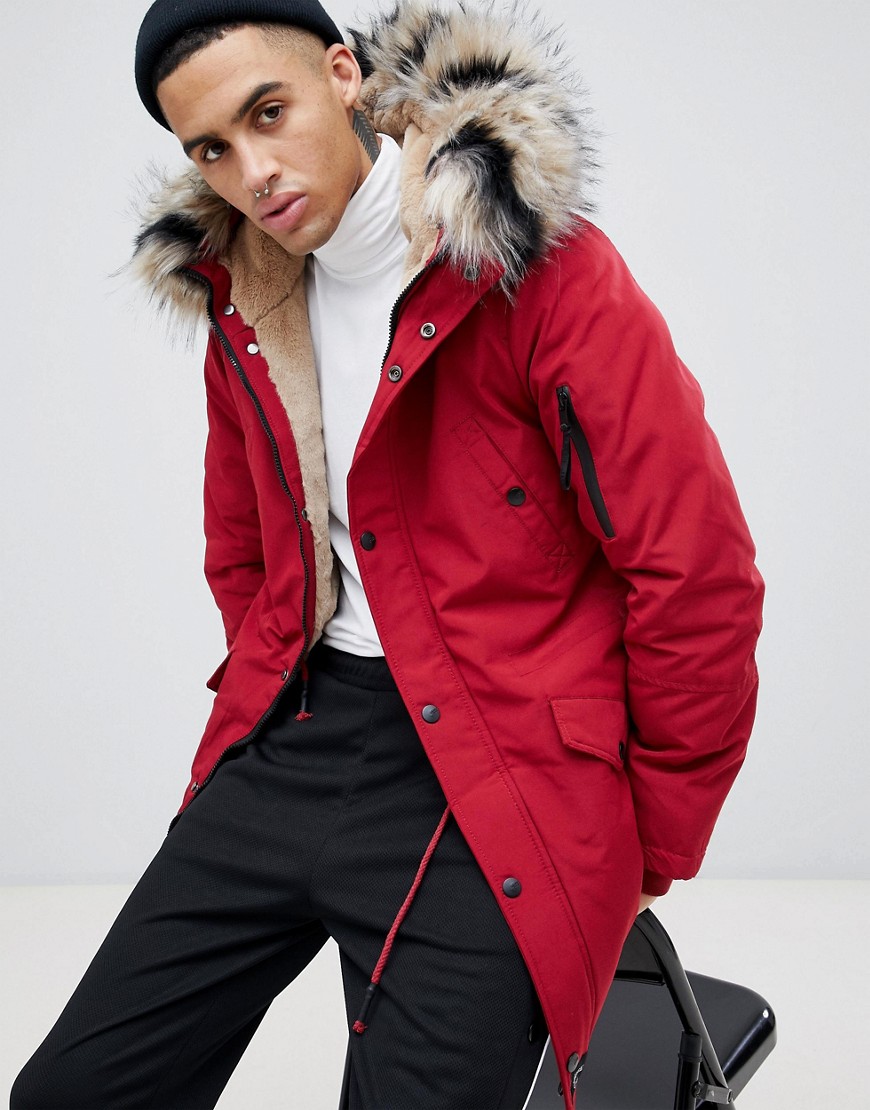 Sixth June parka coat in red with black faux fur hood