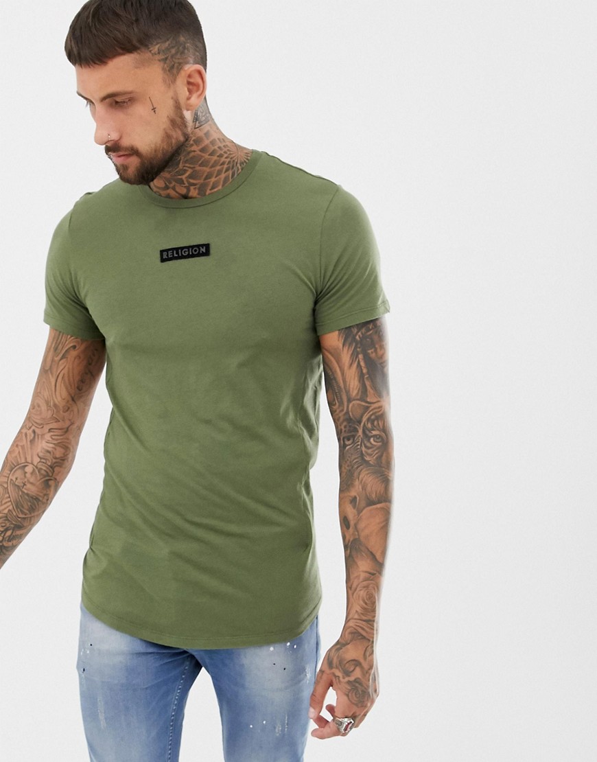 Religion t-shirt in khaki with logo patch and curved hem