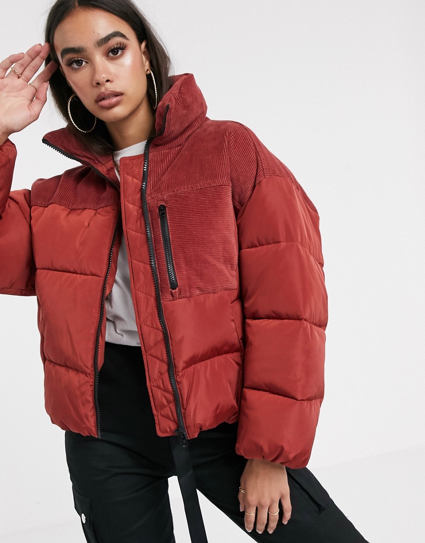Asos Design Padded Jacket With Cord Patching In Red-yellow | ModeSens