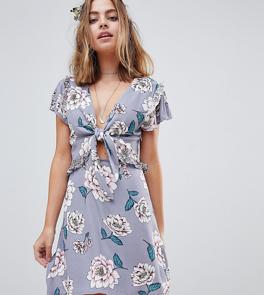 Sisters Of The Tribe Petite Tie Front Tea Dress With Contrast Frill In Floral