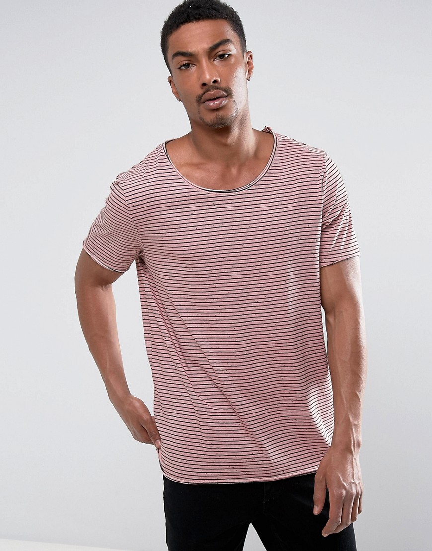 ASOS Neppy Jersey Longline Stripe T-Shirt With Raw Edge Detail - Chalk rose