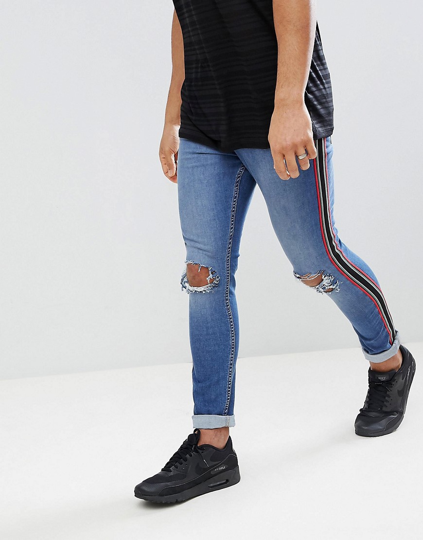 Jaded London Super Skinny Distressed Jeans With Side Stripe In Mid Wash