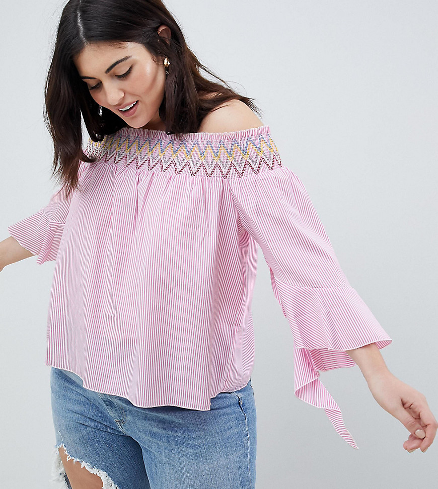 Koko Stripe Off The Shoulder Top With Asymmetric Bell Sleeves - Pink
