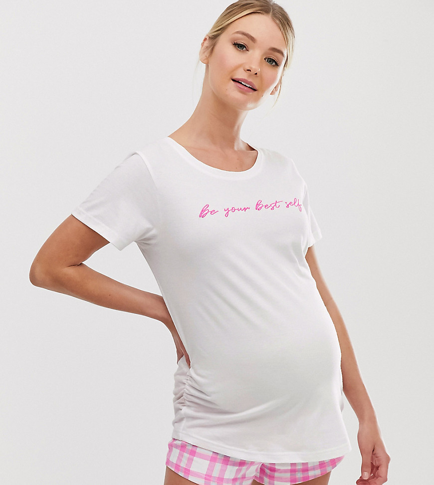 New Look Maternity slogan pyjama shorts set in white