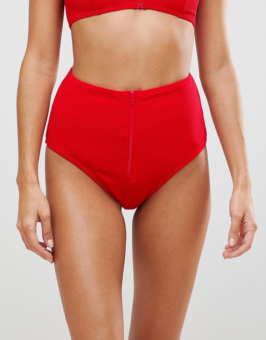Playful Promises Textured Zip Front High Waisted Bikini Bottoms - Red