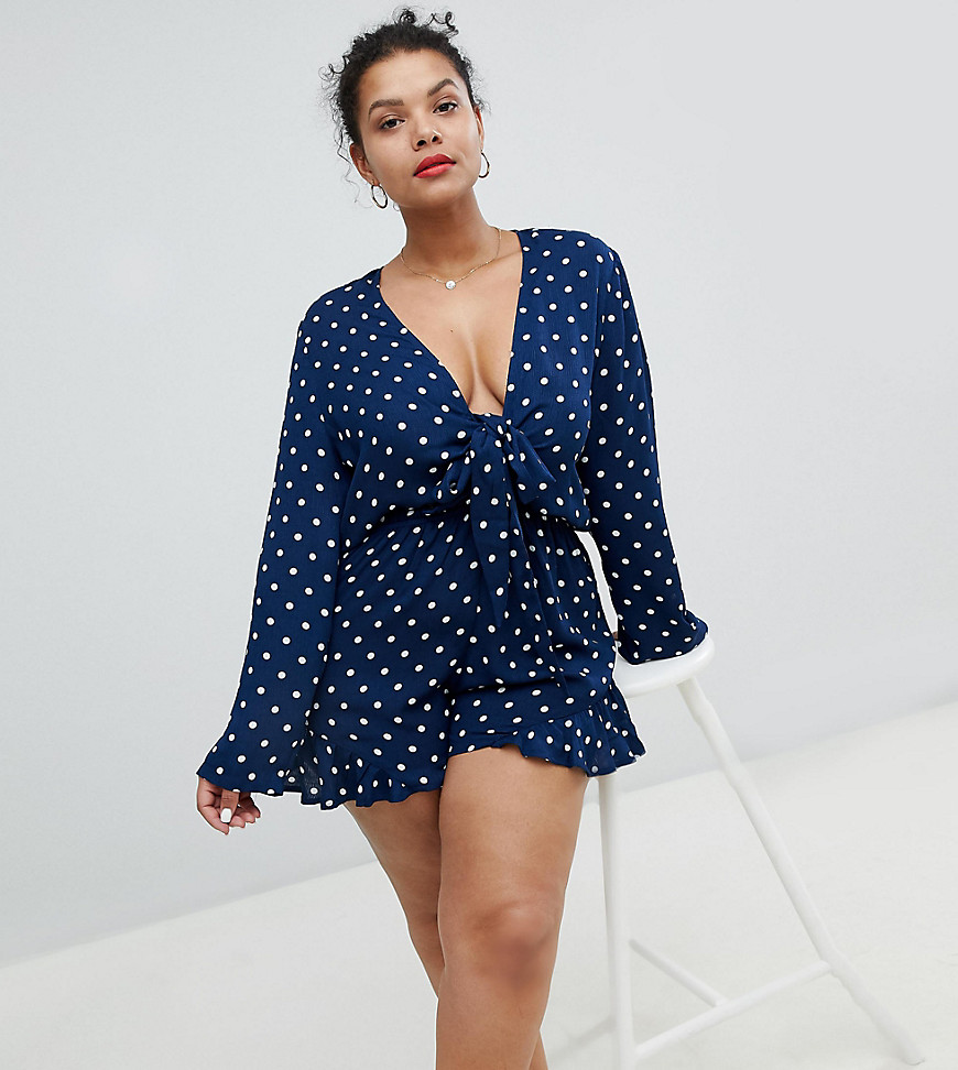 Glamorous Curve Playsuit With Frill Shorts And Bow Front In Polka Dot - Navy polka dot