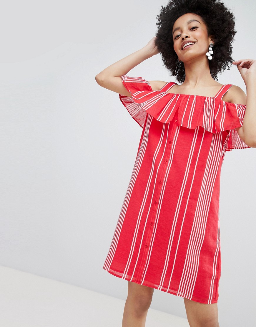Only stripe cold shoulder button through mini dress in red