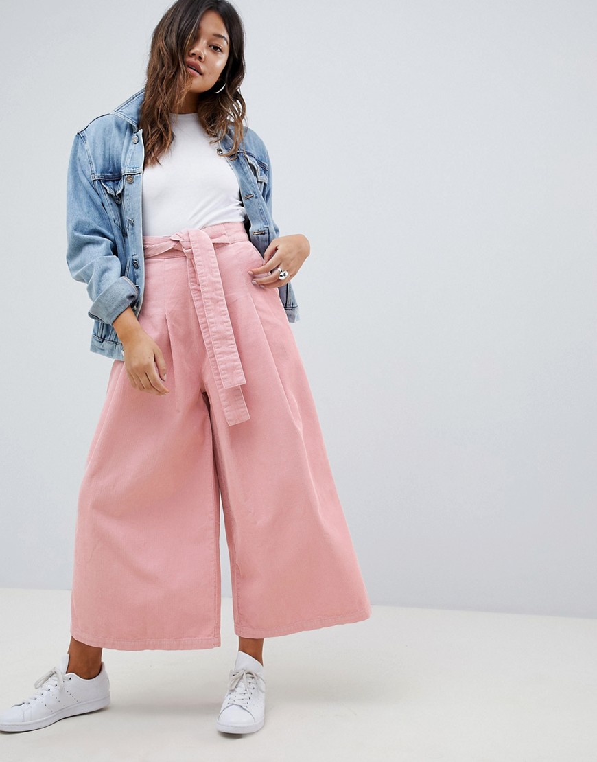 Asos Design Wide Leg In Pink Cord With Waist Tie - Pink
