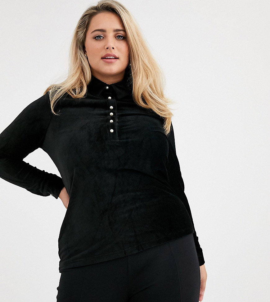 Fashion Union Plus velvet long sleeve shirt with pearl button