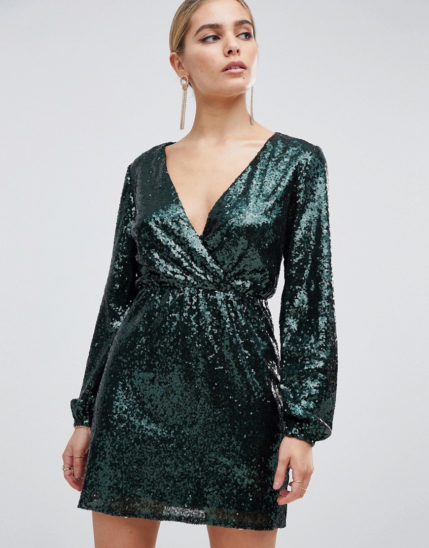 Outrageous Fortune sequin wrap front long sleeve skater dress in emerald green