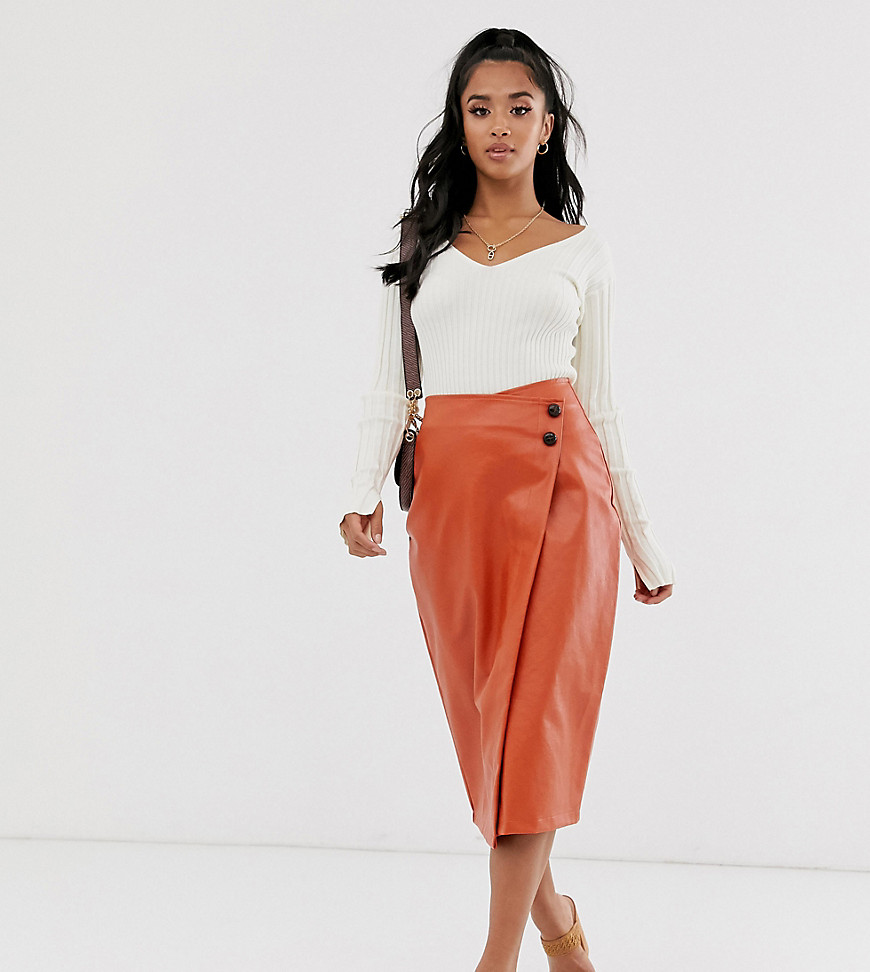 Missguided Petite wrap faux leather midi skirt in rust