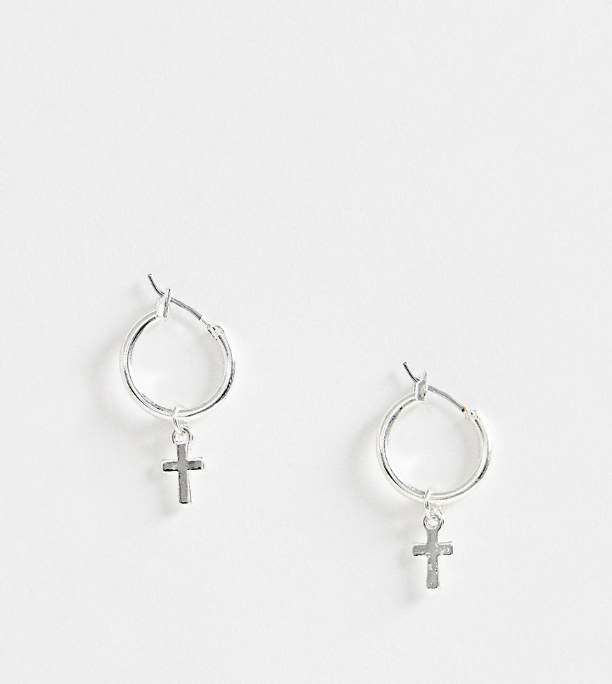 Asos Design Sterling Silver 7mm Hoop Earrings With Cross Charms In Silver