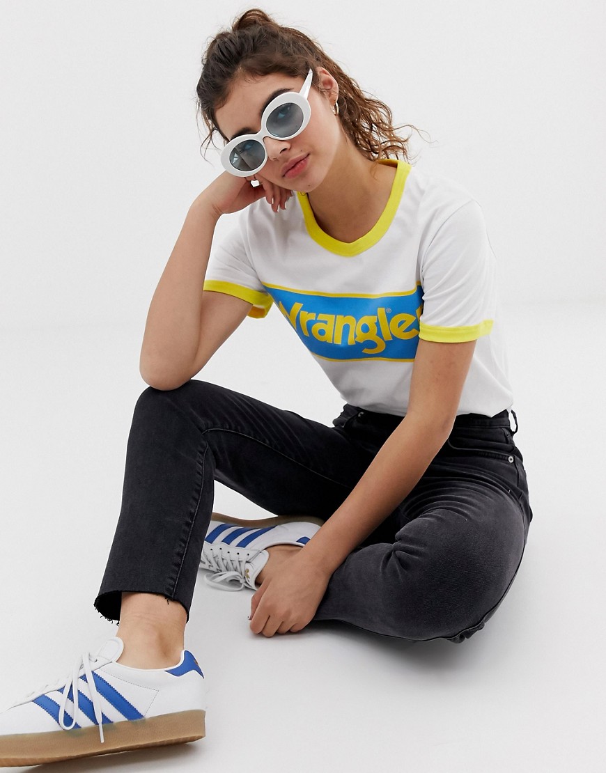 Wrangler blue & yellow ringer t-shirt with front box logo
