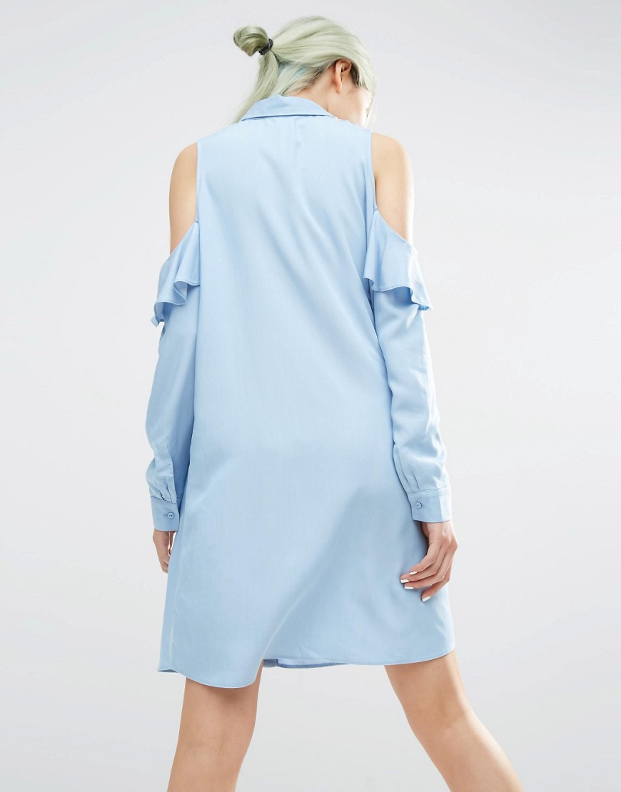 ASOS | ASOS Cold Shoulder Frill Sleeve Cotton Shirt Dress at ASOS