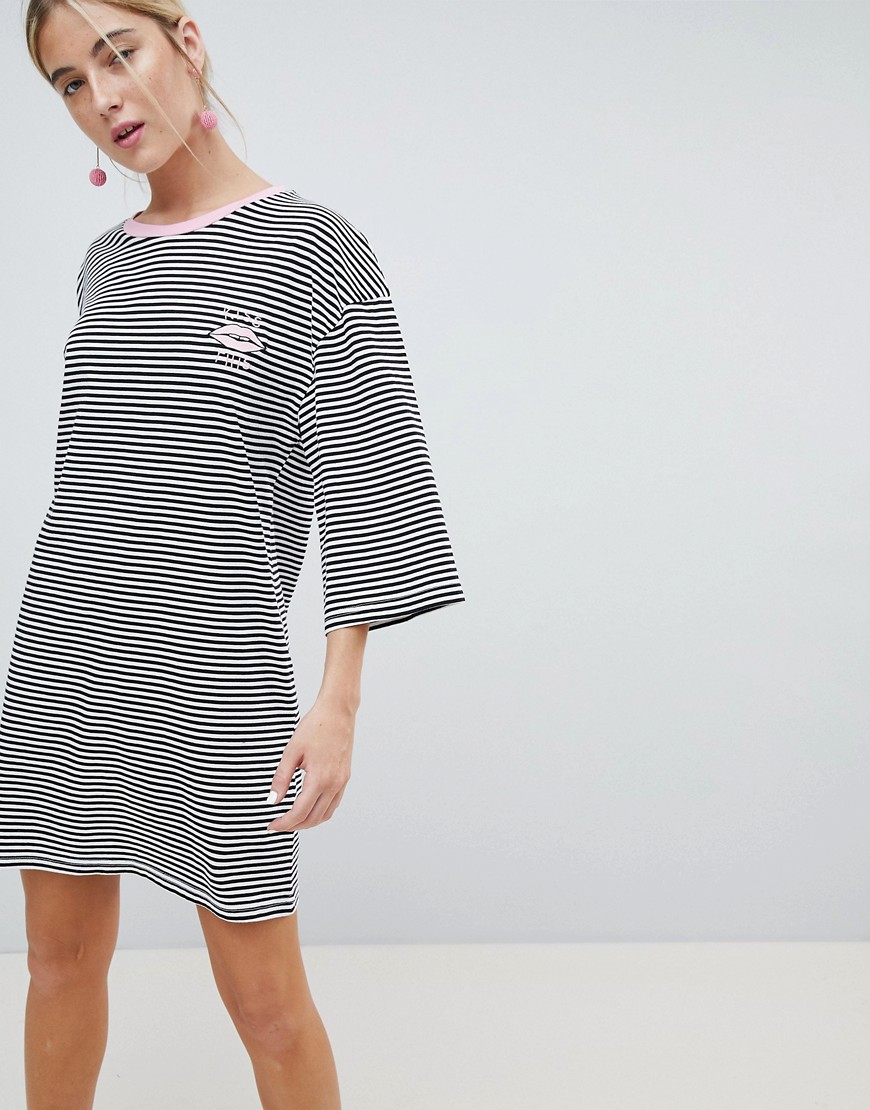 Chorus Flared Sleeve Striped T-Shirt Dress with Embroidery