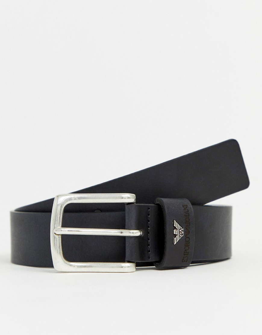 Emporio Armani leather logo keeper buckle belt in black