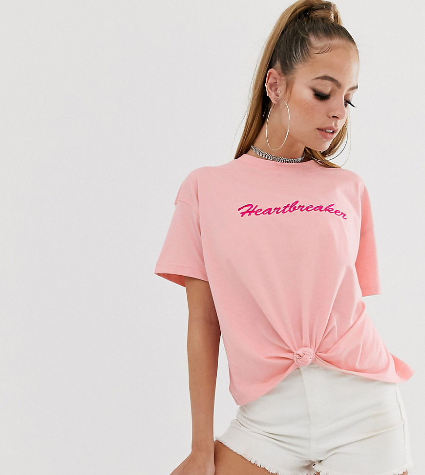 Missguided Petite t-shirt with heartbreaker slogan in pink