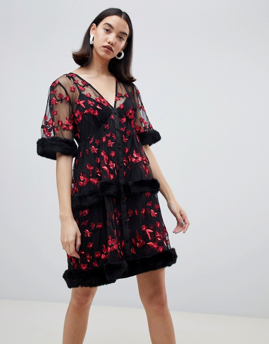 Lost Ink embroidered mini smock dress with faux fur trims - Black/red