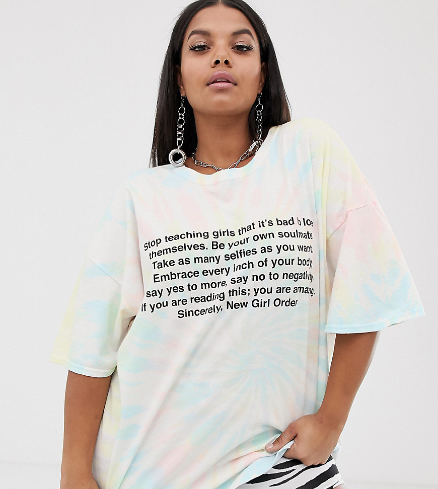 New Girl Order Curve oversized t-shirt in tie dye with manifesto print