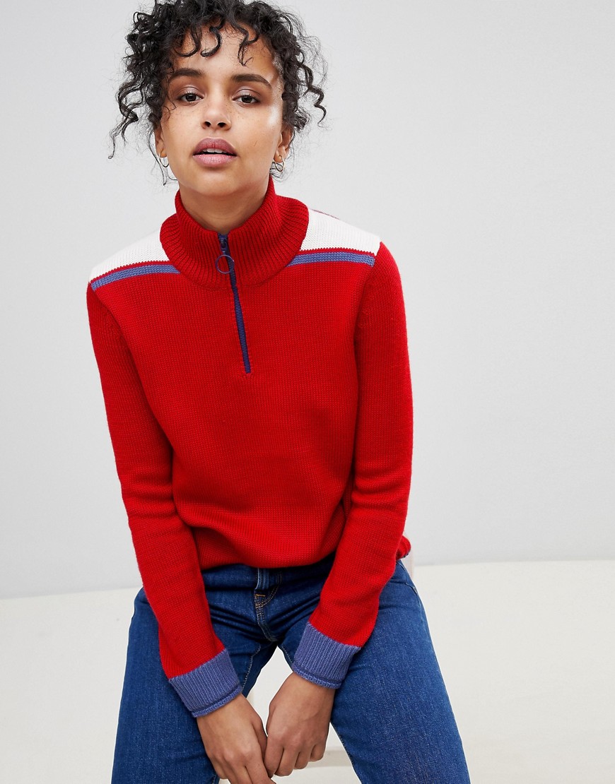 Pepe Jeans Claudia Sporty Colourblock Wool Blend Knit Jumper with Circle Puller - Royal red