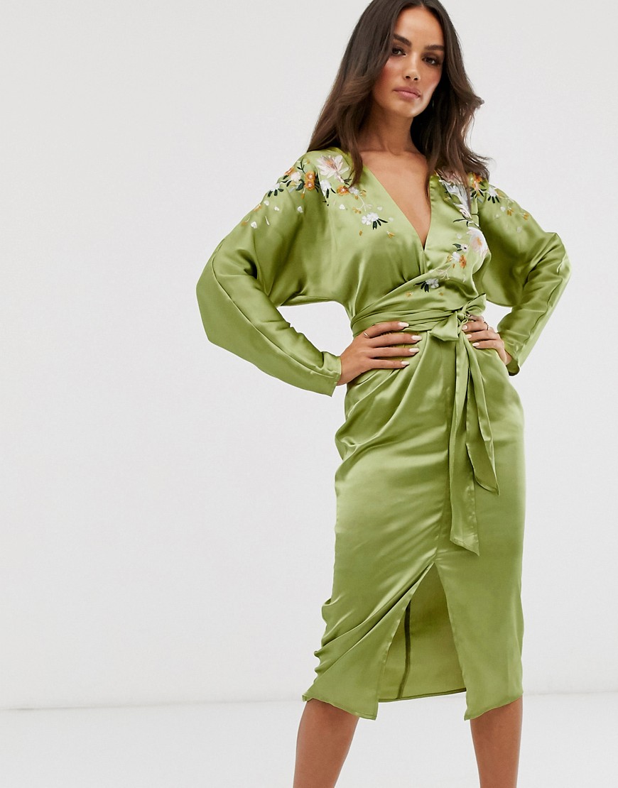 Asos Design Batwing Midi Dress In Satin With Embroidery-green